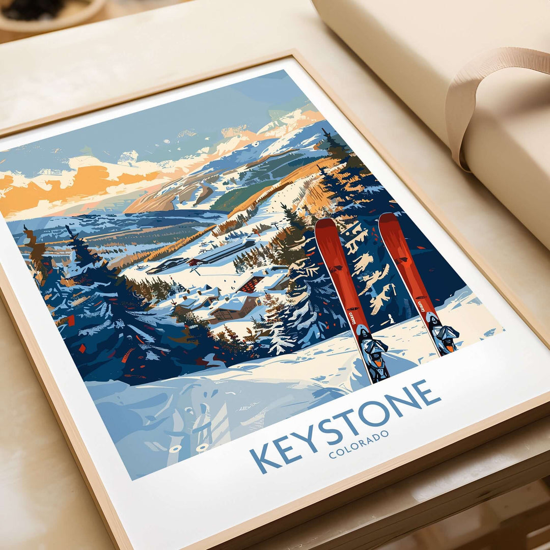 Keystone Colorado ski print wall art poster with scenic mountain and ski design.