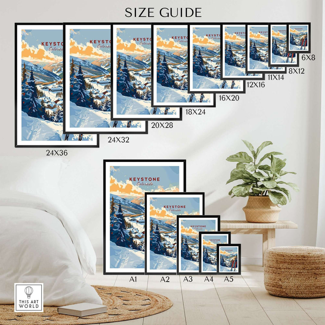 Keystone Colorado Ski Wall Art Print size guide with various framing options displayed in a cozy bedroom setting.