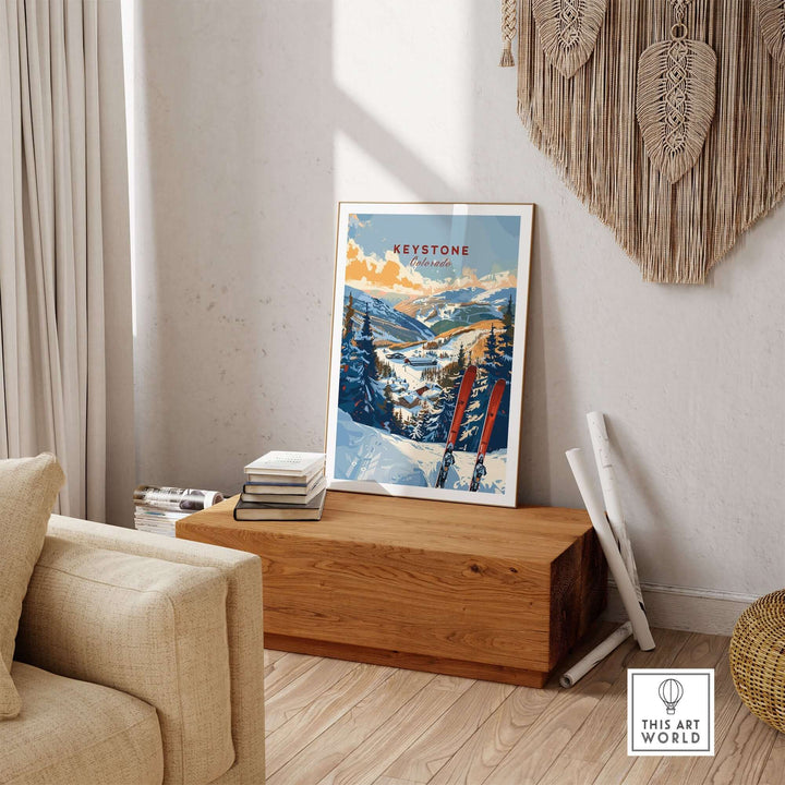 Keystone Colorado ski wall art print displayed in cozy living room setting.