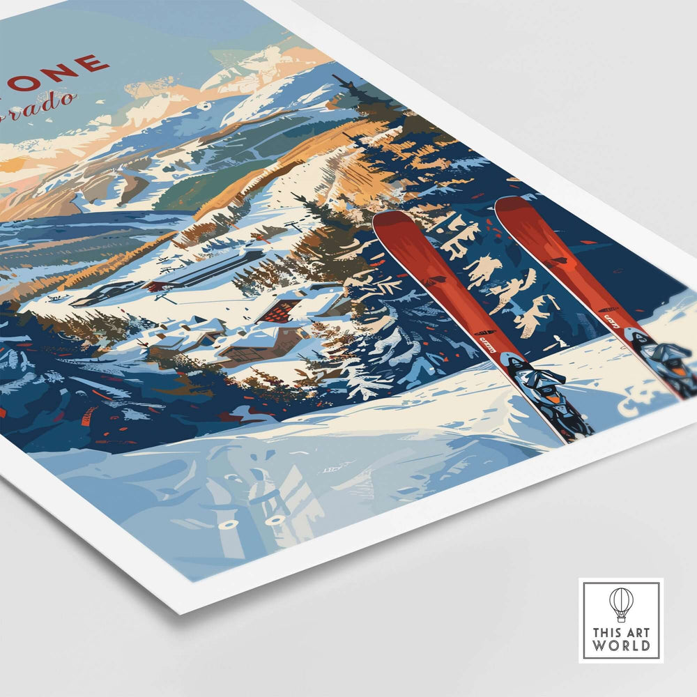 Keystone Wall Art Print featuring Colorado ski slopes with red skis and snowy mountain landscape.