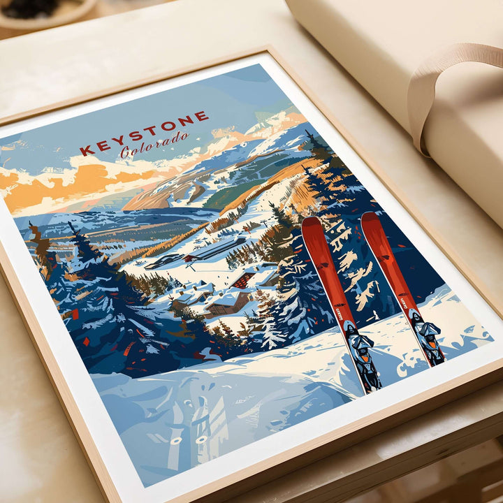 Keystone Wall Art Print featuring Colorado ski scene with snowy mountains and skis, perfect for winter sports enthusiasts.