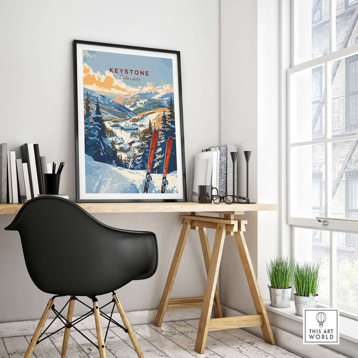 Stylish room with Keystone Colorado ski wall art print on desk, modern decor.