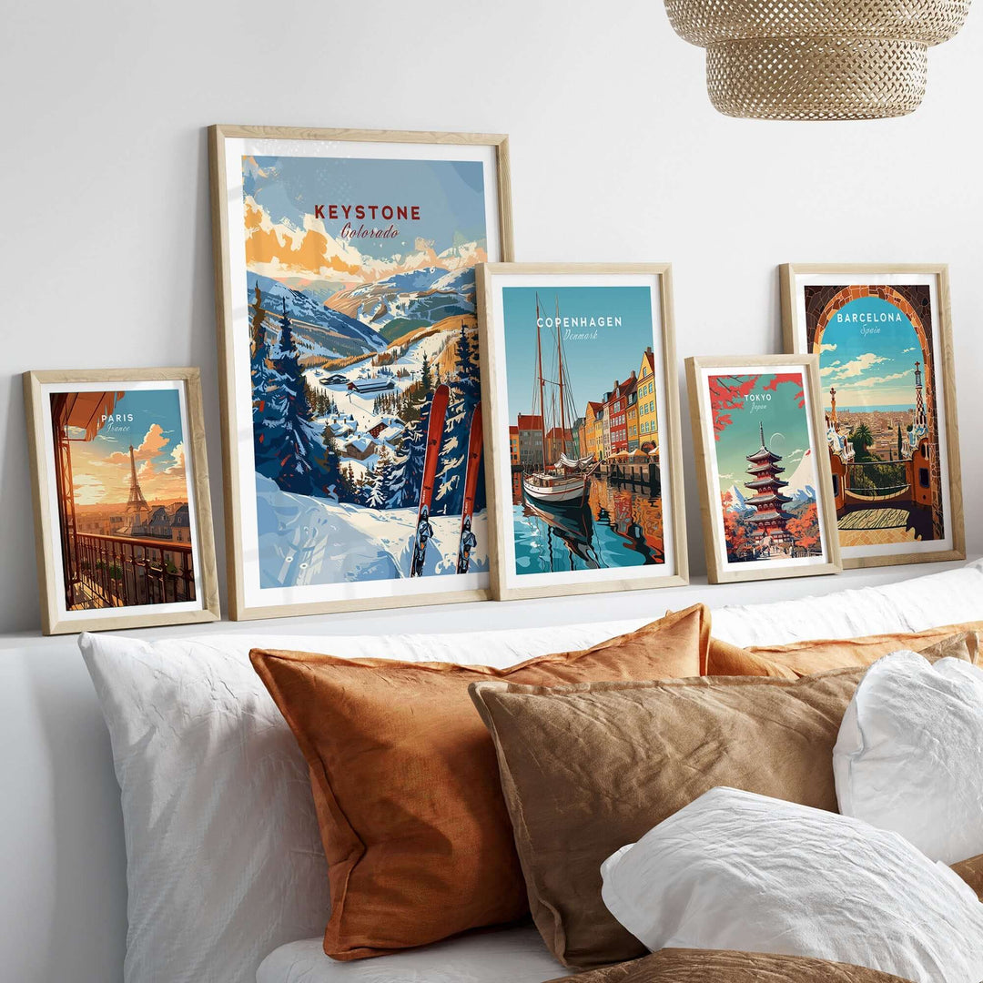 Keystone Colorado ski wall art print displayed in a cozy living room with other city-themed prints.