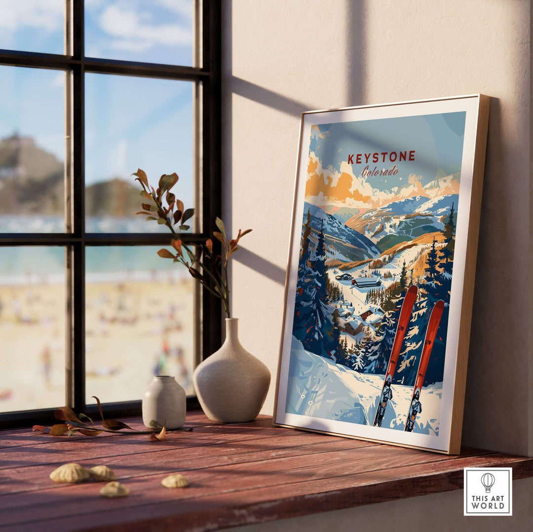 Keystone Wall Art Print featuring Colorado Ski Scene on wooden shelf by sunny window