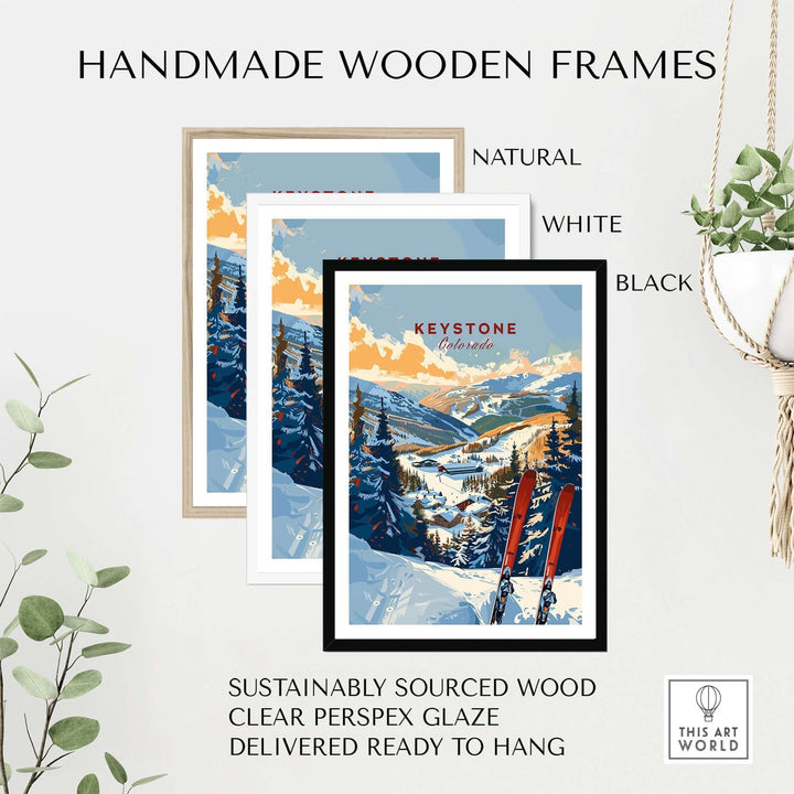 Keystone Colorado ski wall art print in handmade frames with natural, white, and black options, ready to hang.