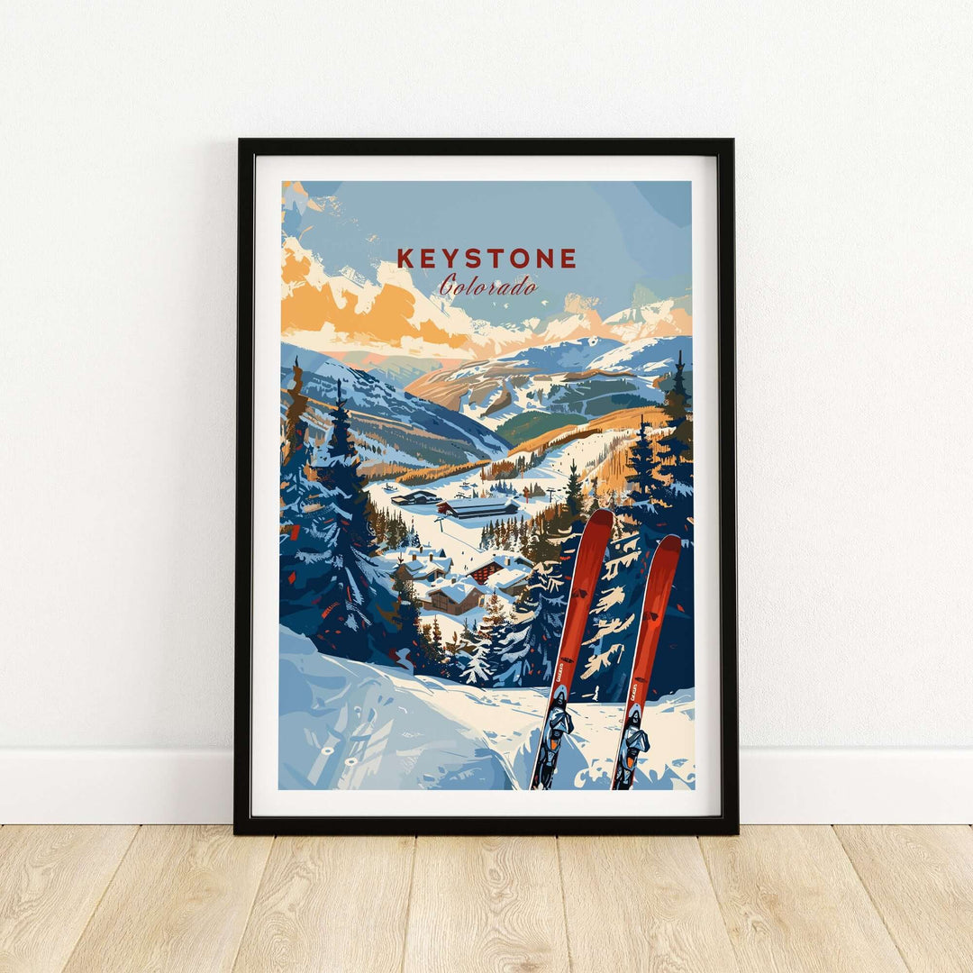 Keystone Colorado ski resort wall art print featuring snow-covered mountains and skis for home or office decor.