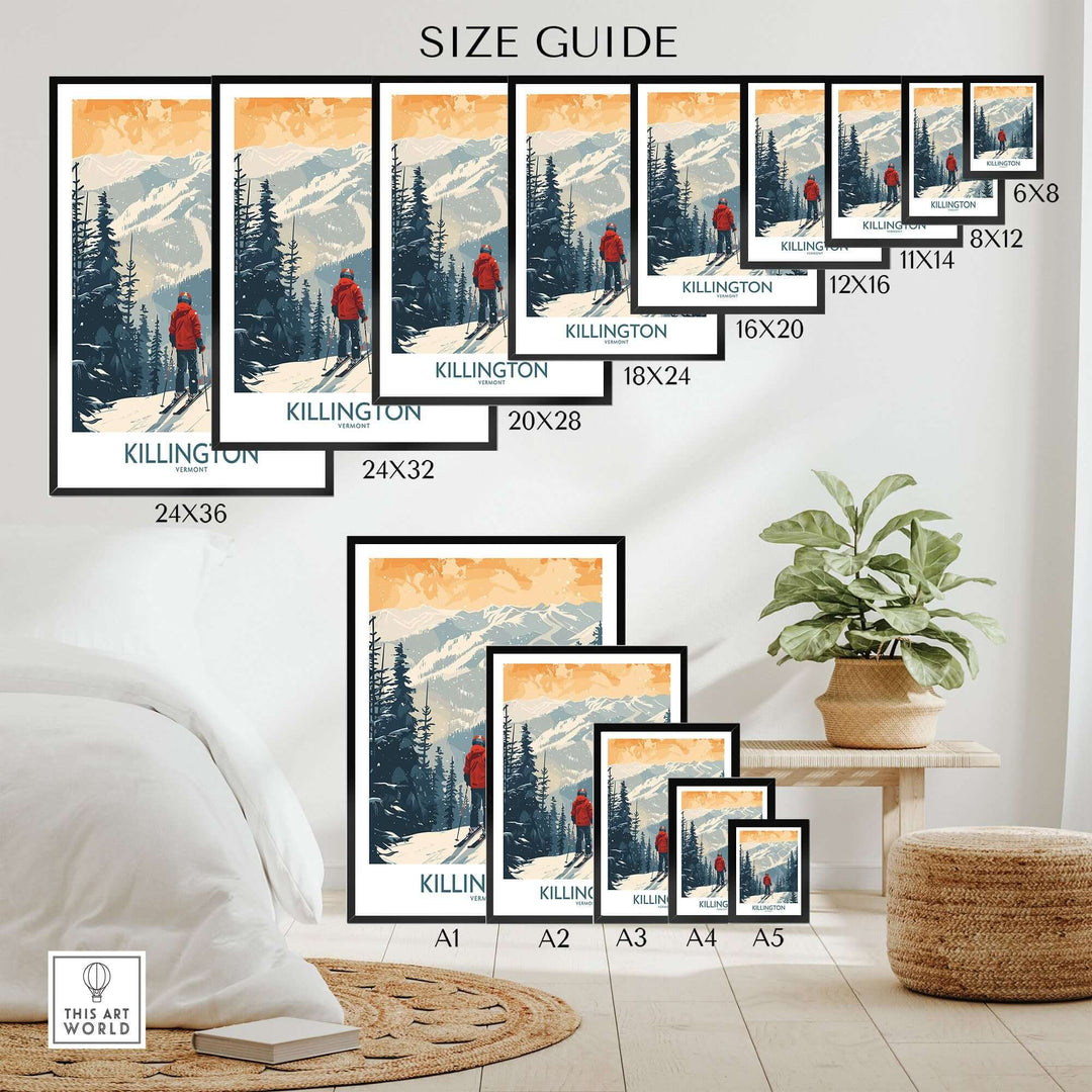 Size guide for Killington Poster Vermont featuring various frame options in a cozy room setting with mountain and skier artwork.