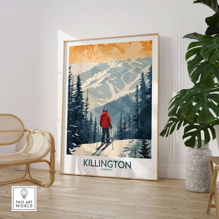 Ski-themed Killington Vermont poster with scenic mountain view, framed and displayed in a stylish room with greenery.