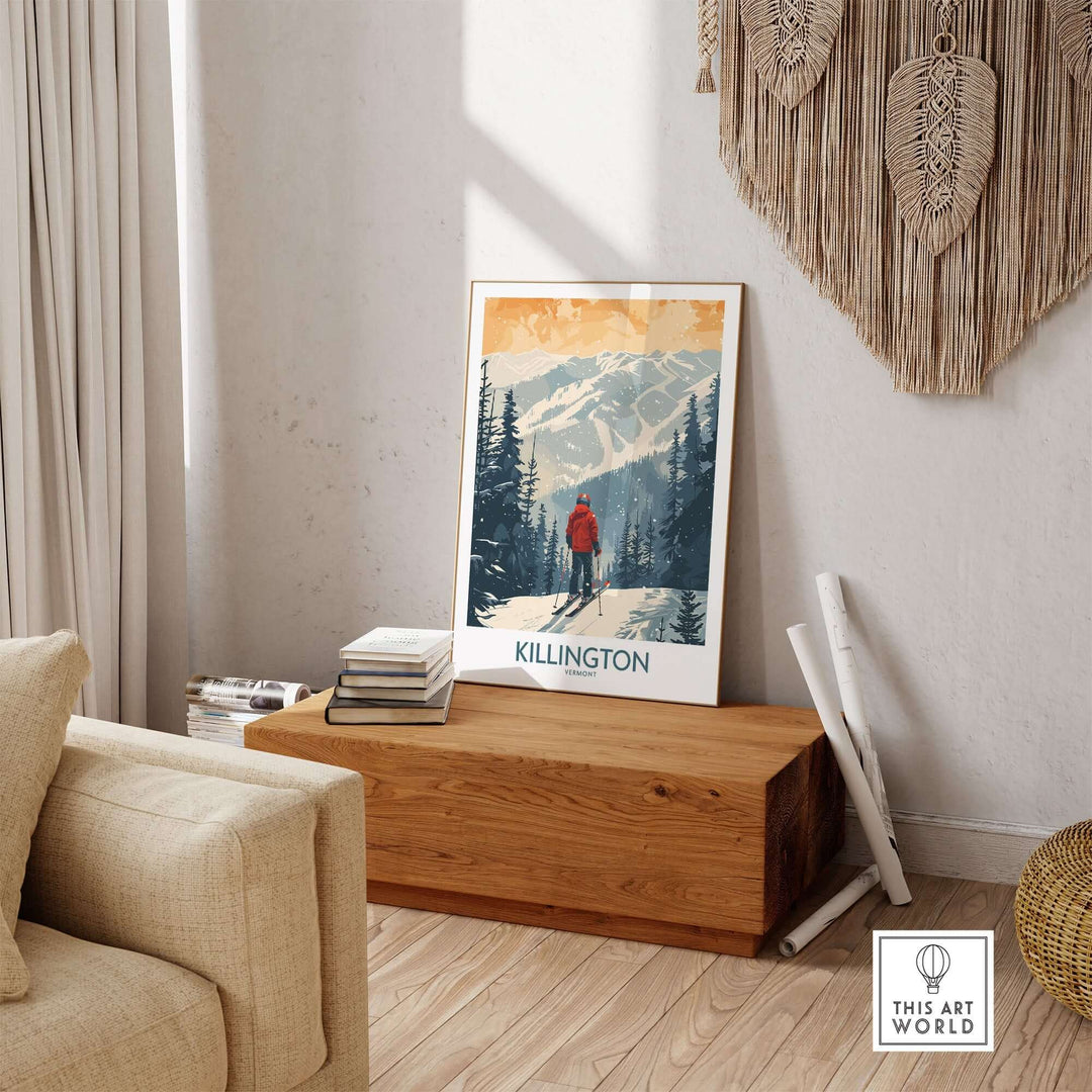 Vintage Killington Vermont poster in cozy living room setting with wooden bench and woven wall decor.