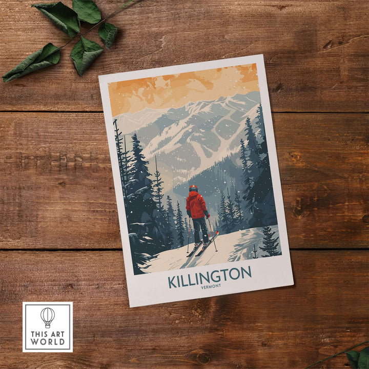 Vintage Killington Vermont poster featuring a skier in red amidst snow-covered mountains and pine trees on a rustic wood background.