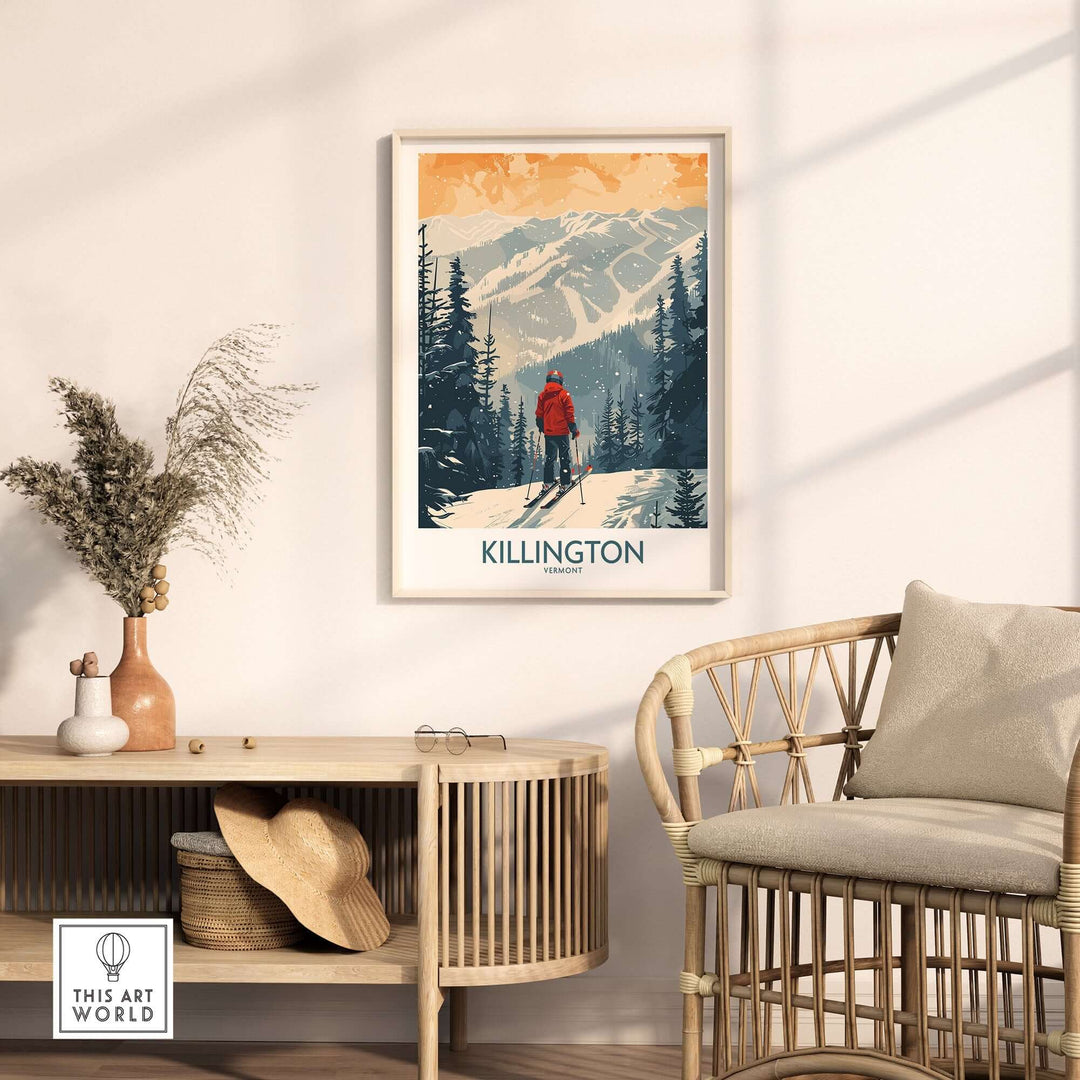 Cozy living room with a framed Killington Poster, featuring a snowy Vermont landscape, displayed above a wooden console and wicker chair.