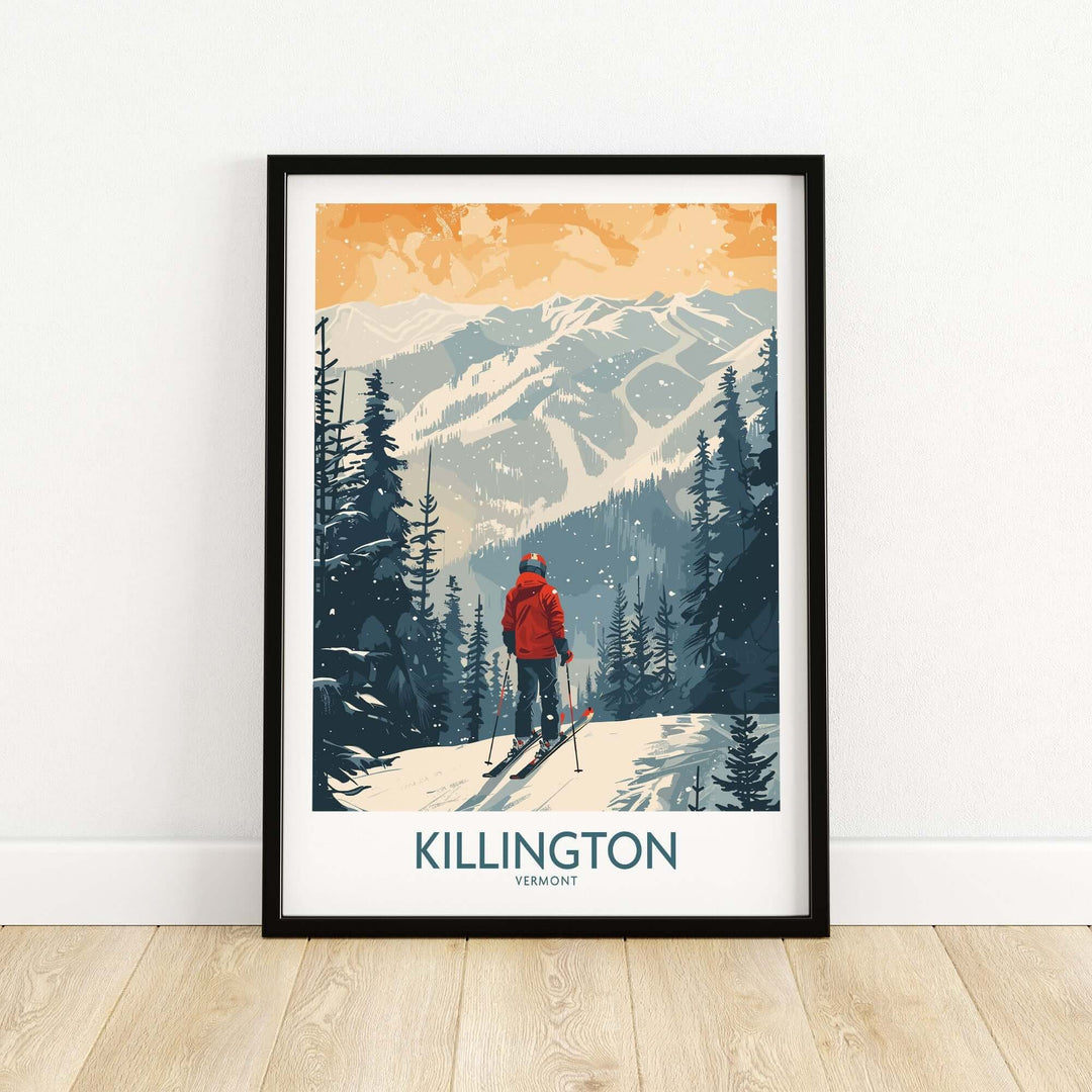 Skiing poster of Killington, Vermont with scenic mountain view and skier, perfect for winter sports enthusiasts.