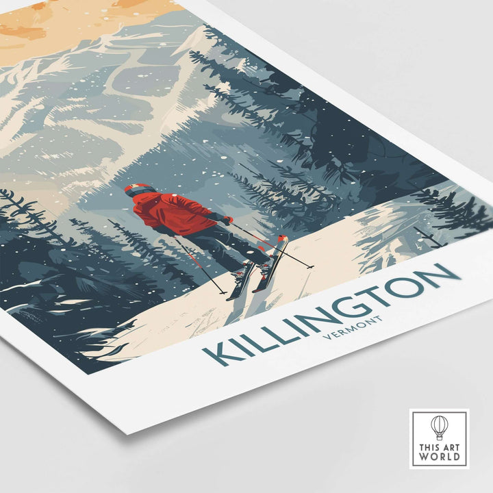 Skiing scene on Killington Vermont poster, featuring snowy mountains and a skier in red, perfect for winter sports enthusiasts.