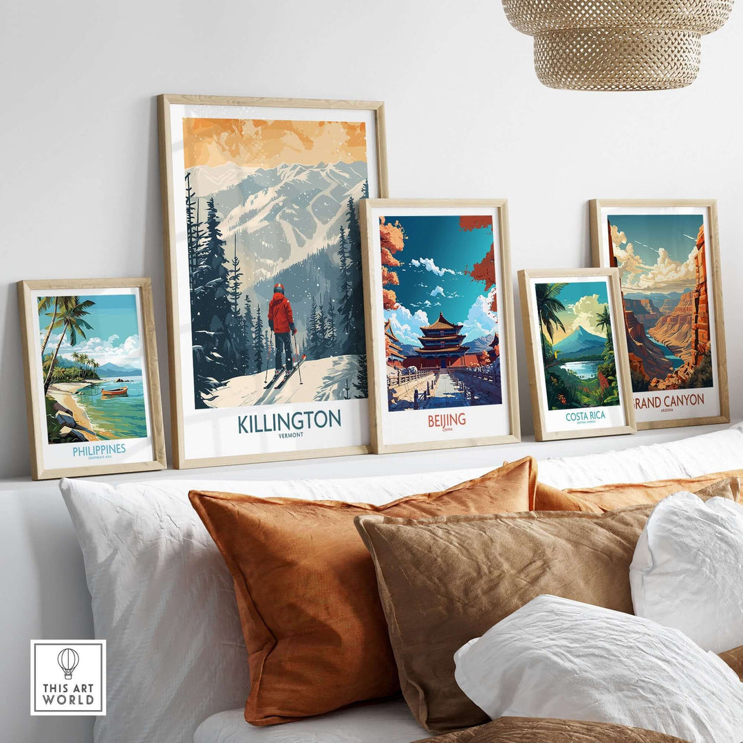 Stunning wall display featuring a Killington Vermont poster with scenic landscapes, perfect for travel enthusiasts.