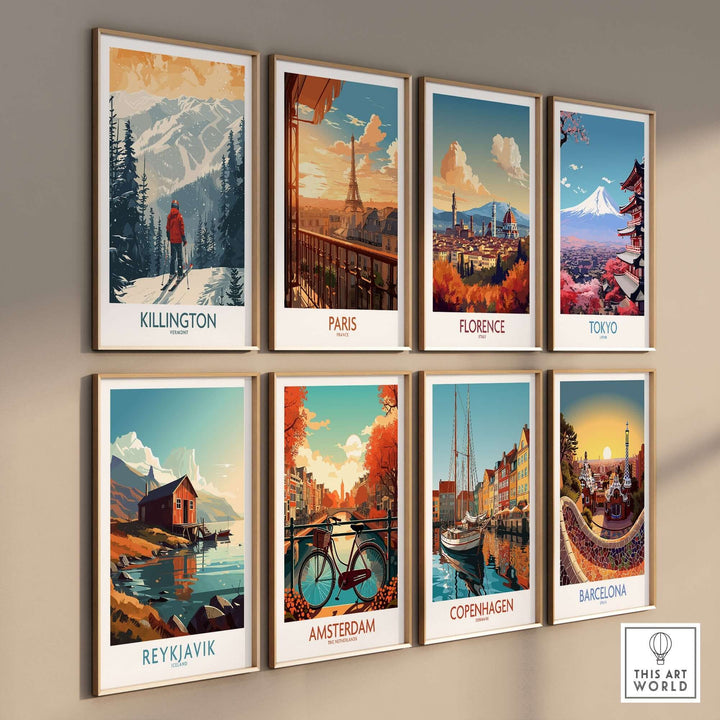 Wall display of travel posters featuring various cities, including Killington Vermont, Paris, Florence, and more.