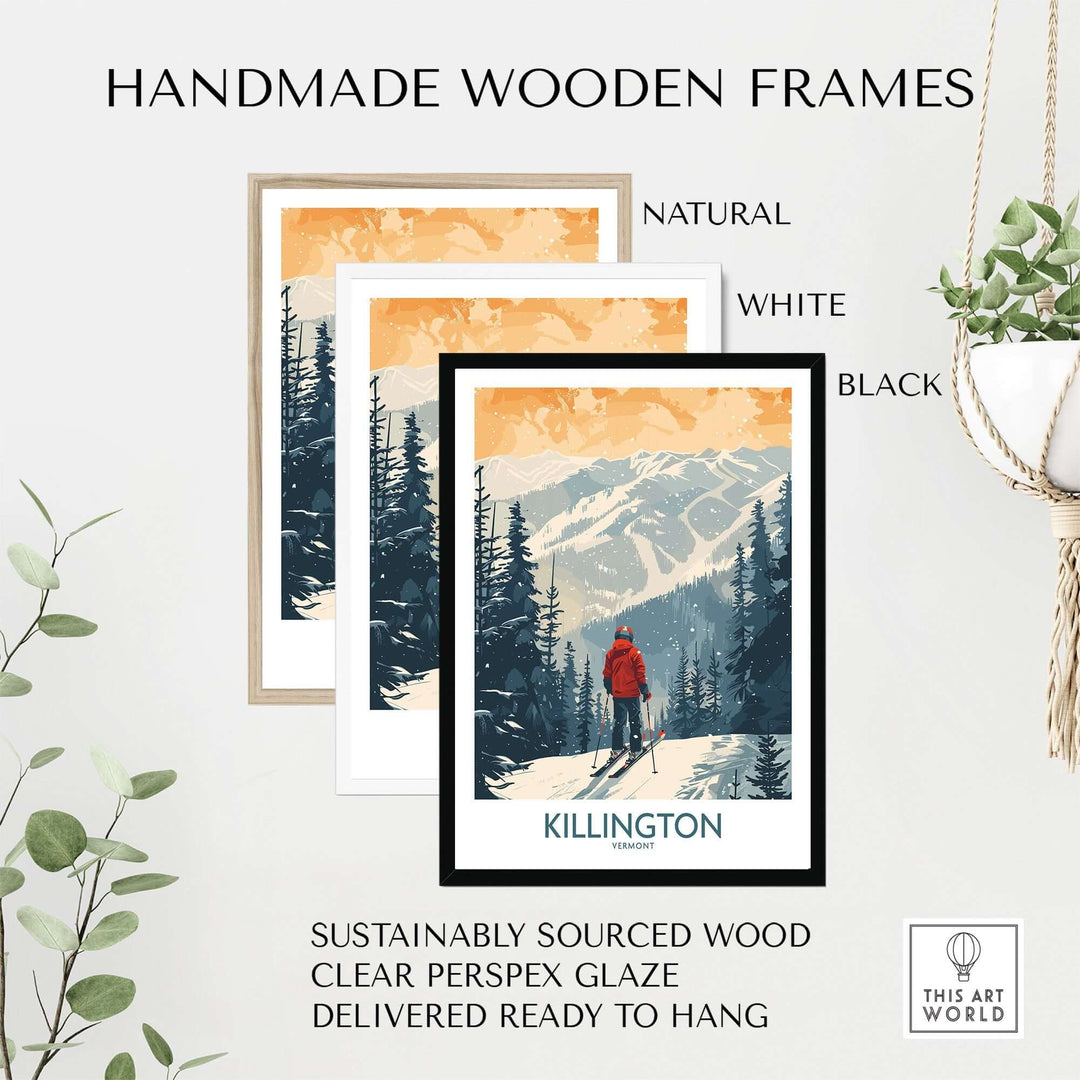 Killington Vermont poster in handmade wooden frames, available in natural, white, and black, with sustainably sourced wood.