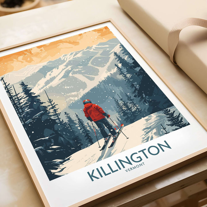 Killington Vermont poster with skier on snowy mountain landscape, framed and ready for display