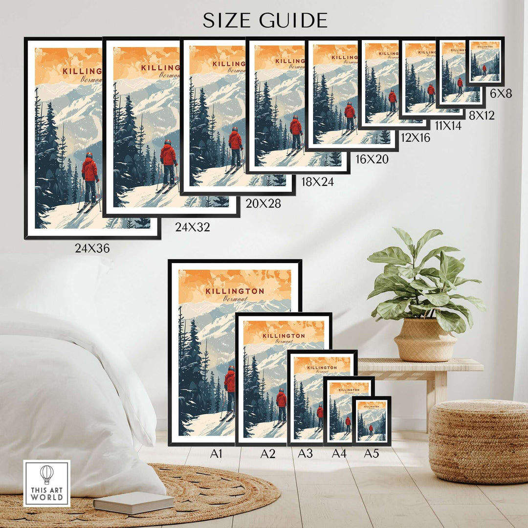 Killington Print Vermont size guide for wall art decor, displaying various dimensions from 6x8 to 24x36 in a bedroom setting.