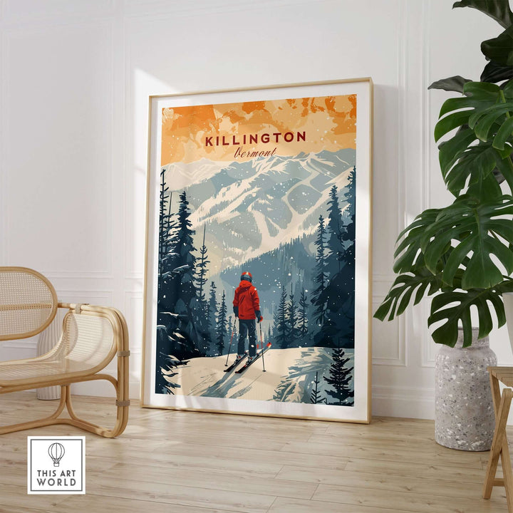 Ski-themed Killington Print featuring a snowy Vermont mountain landscape, perfect for home decor, displayed in a modern living room.