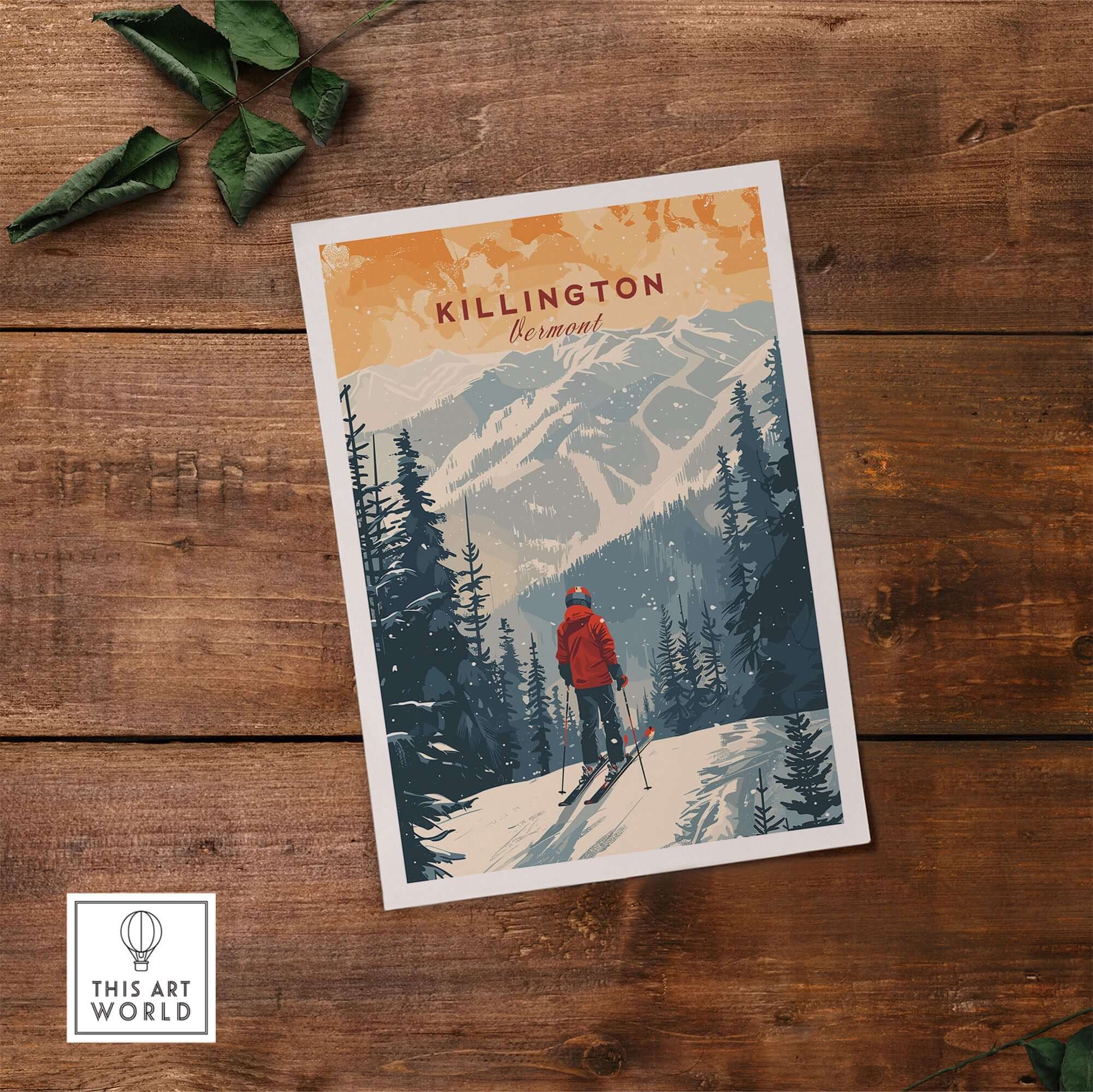 Killington Vermont print on wooden table showcasing a winter ski landscape with mountains and pine trees