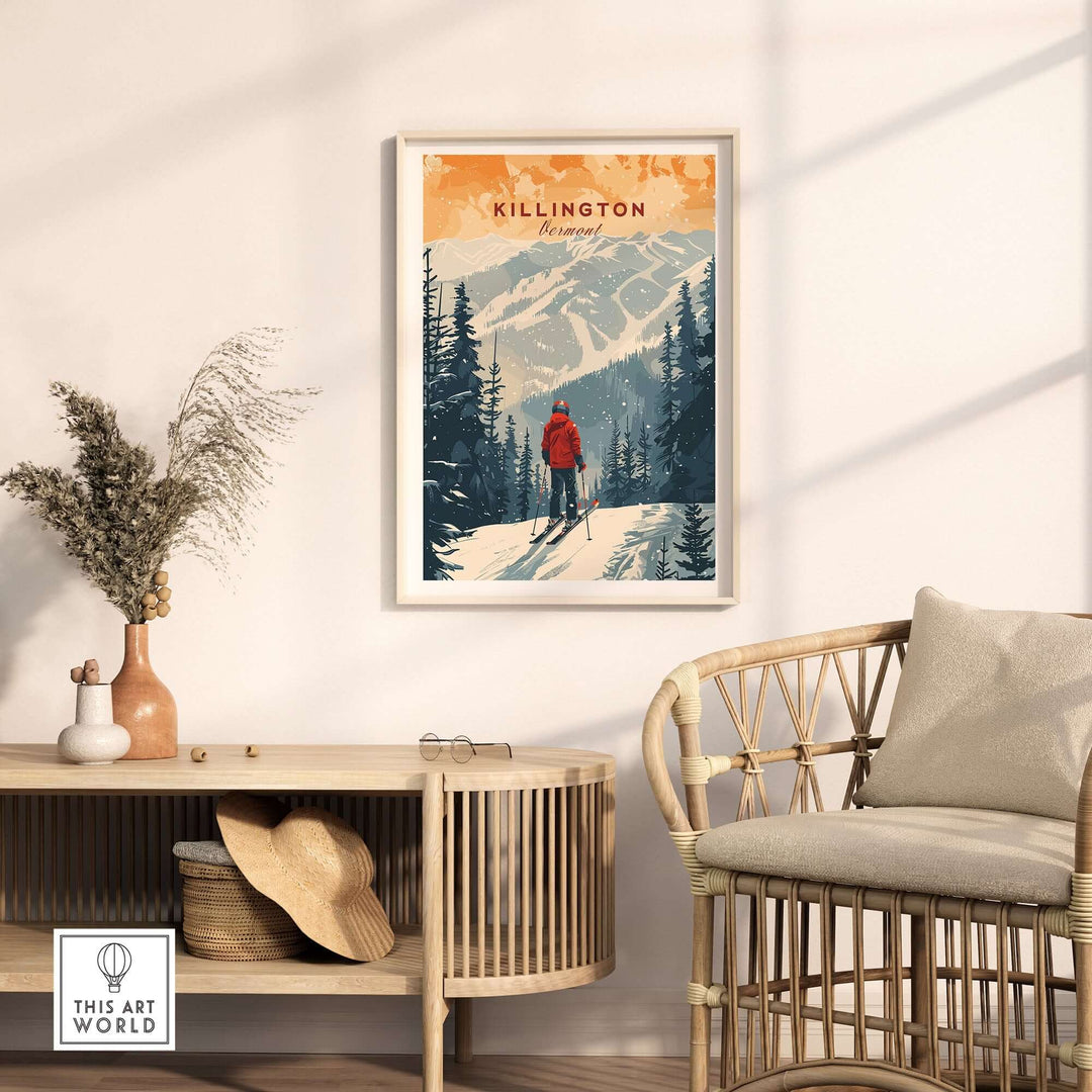 Killington Vermont print featuring a hiker in a snowy mountain landscape, styled in a cozy living room setting