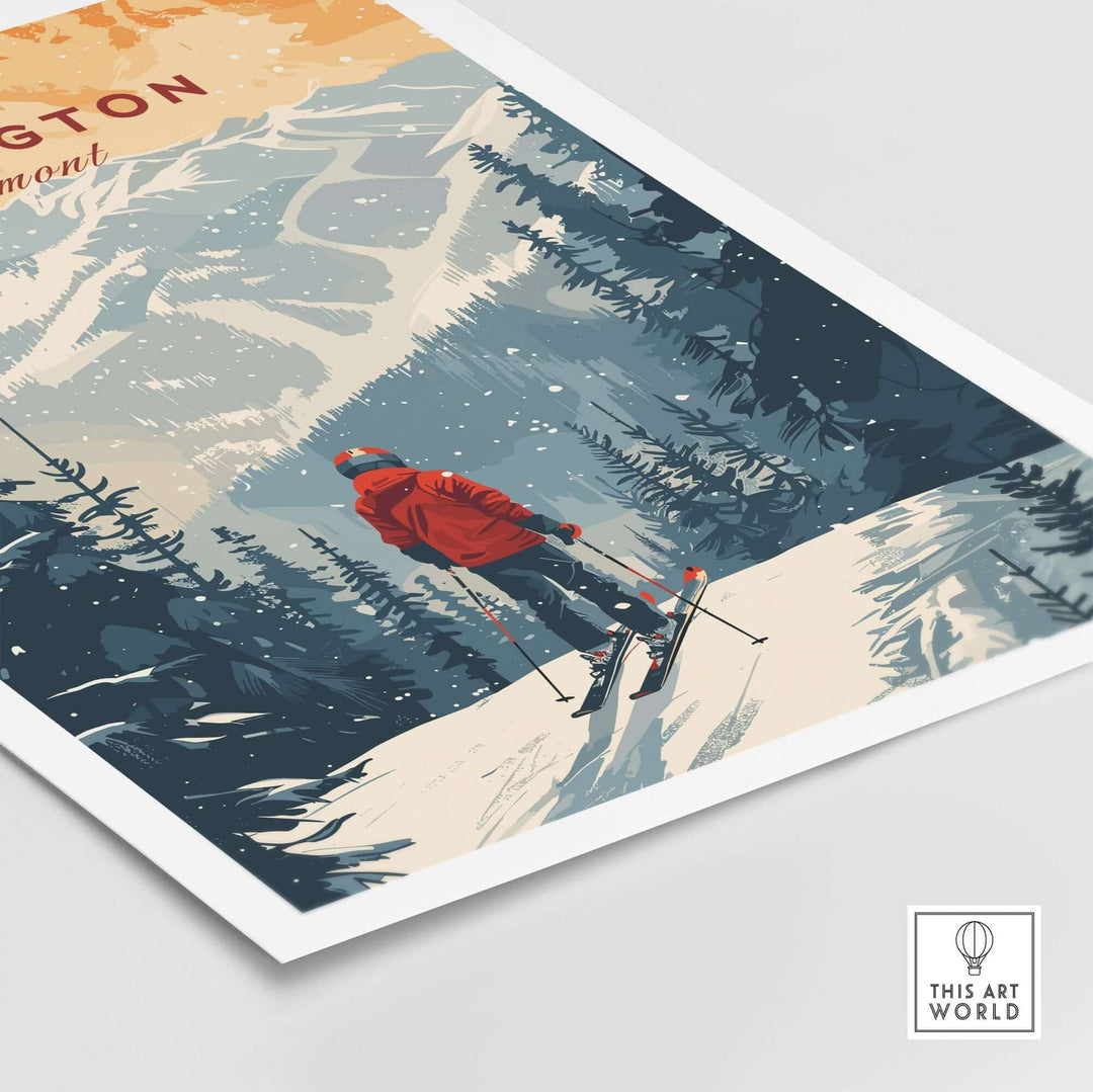 Vintage-style Killington Vermont print featuring a skier in a red jacket amidst snow-covered pine trees.