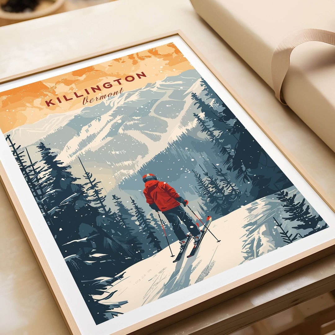 Stylish Killington Vermont print featuring a skier in a snowy mountain landscape.