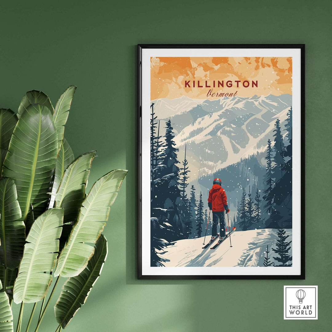 Scenic Killington Vermont print featuring a skier surrounded by mountains and trees, perfect home decor for nature lovers.