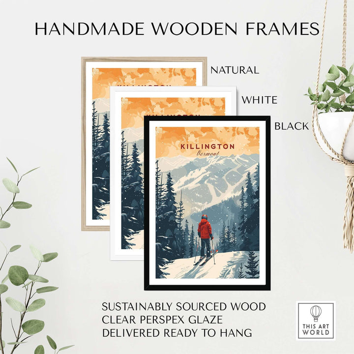 Killington Vermont print with handmade wooden frames, available in natural, white, and black. Sustainable wood, ready to hang.