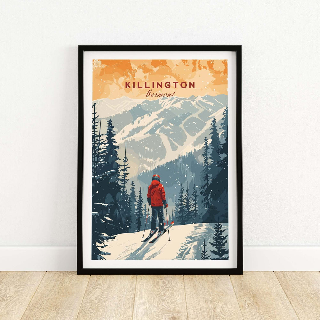 Killington Vermont print featuring a skier on a snowy mountain landscape, framed and ready to display.