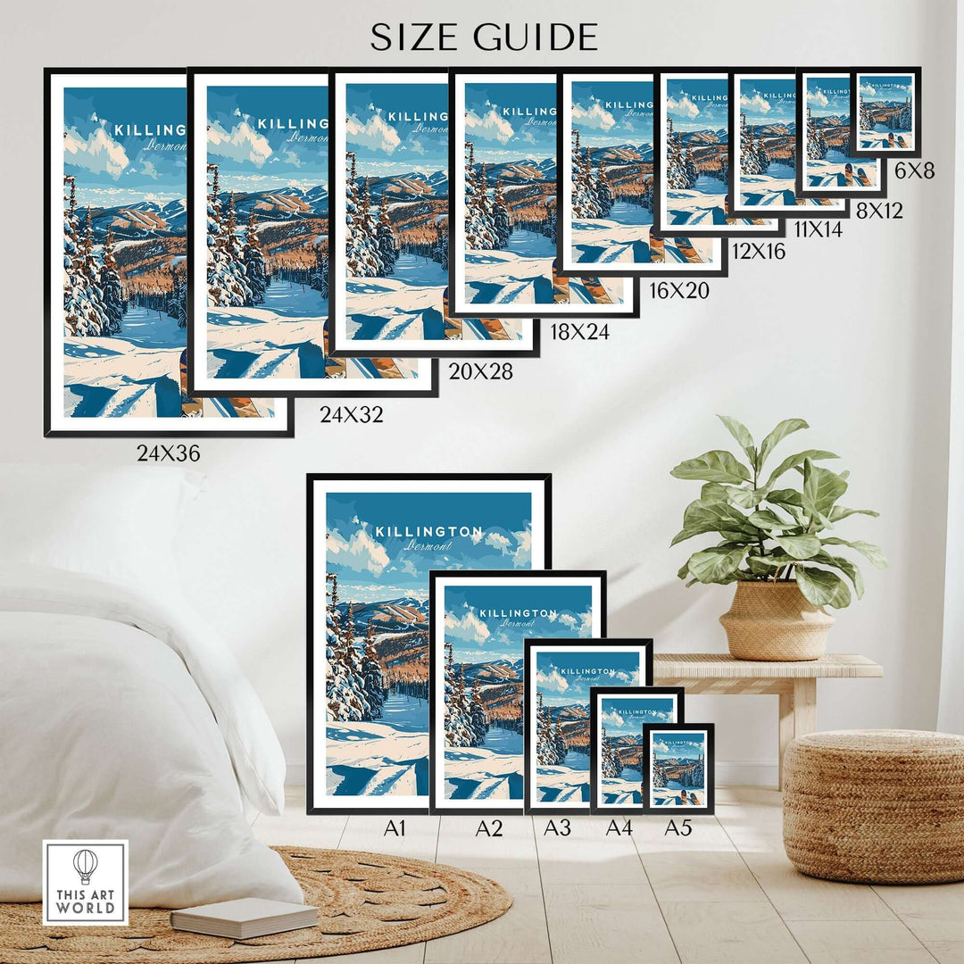 Killington Ski Poster Size Guide - Vermont Winter Landscape Art Prints in Various Dimensions for Home Decor