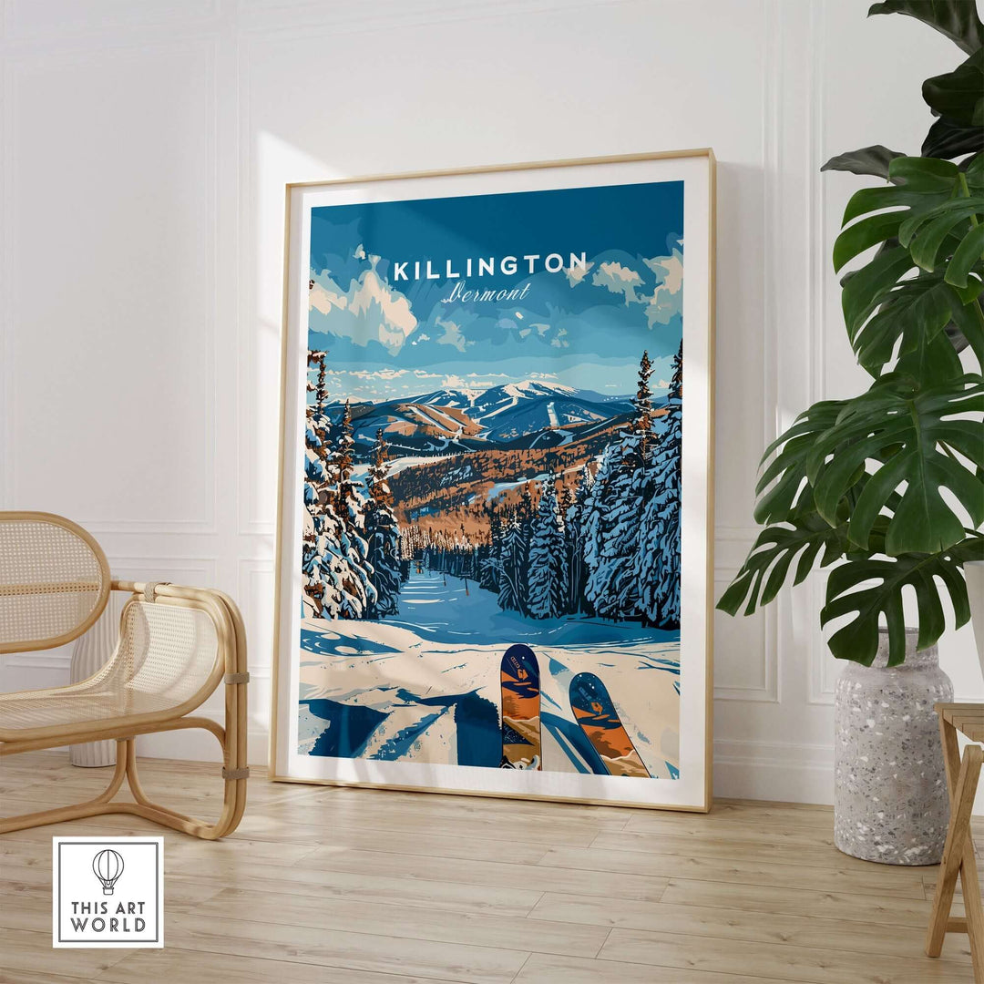 Vintage Killington Ski Poster, Vermont - Snowy mountain landscape with skis, framed art decor in modern room.