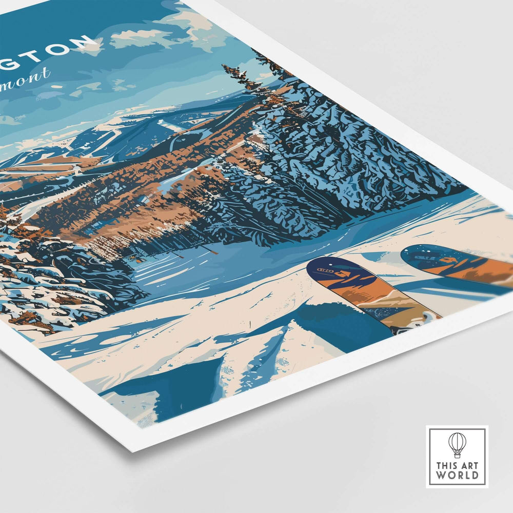 Killington Ski Poster featuring a snowy Vermont landscape with skis on a slope, perfect for winter sports enthusiasts.