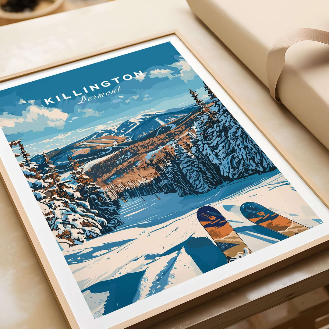 Vintage-style Killington Ski Poster featuring Vermont's snowy landscape with skis in the foreground, presented in a wooden frame.