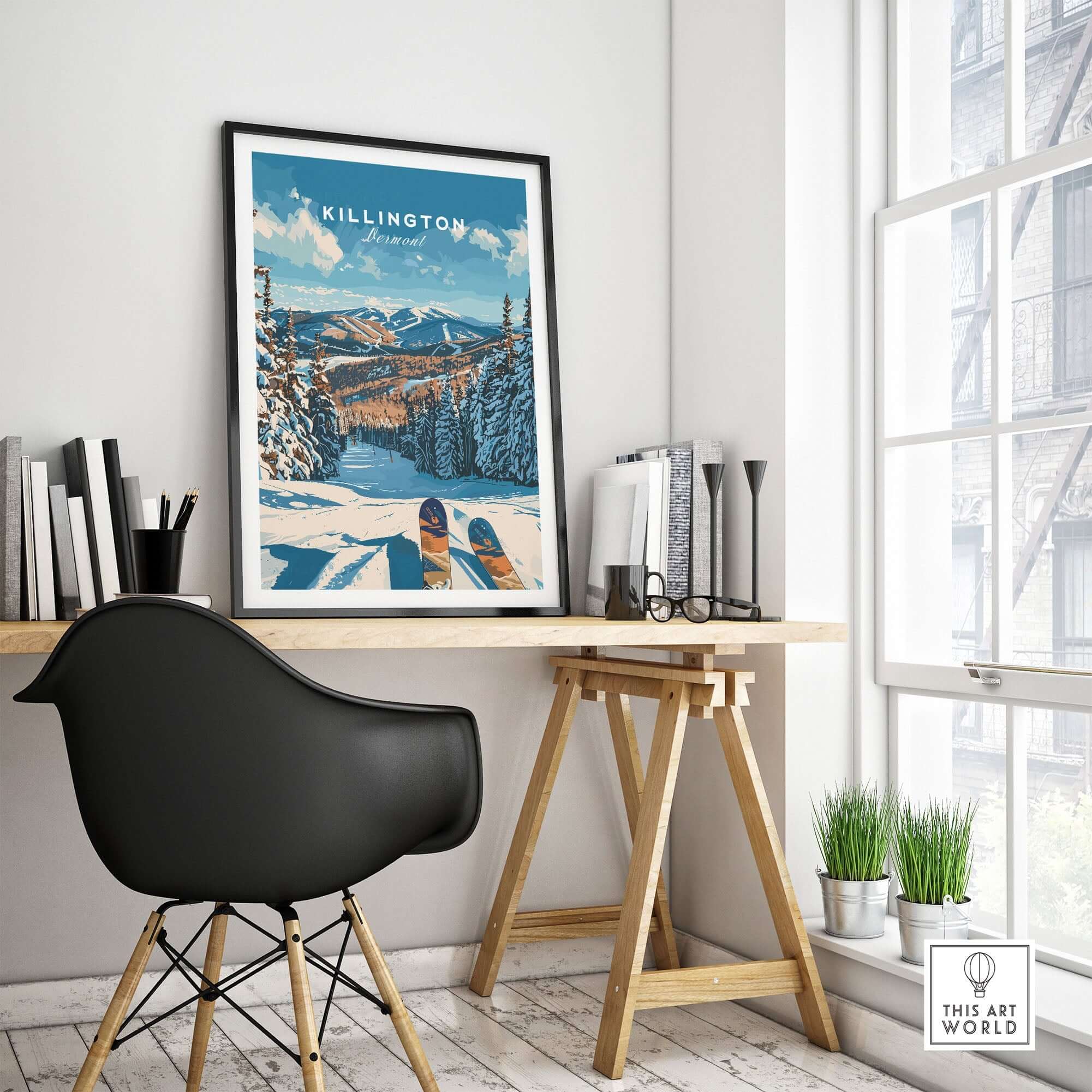 Vintage-style Killington Ski Poster in Vermont, framed on a stylish desk by a window, with snowy mountains and ski slopes depicted.