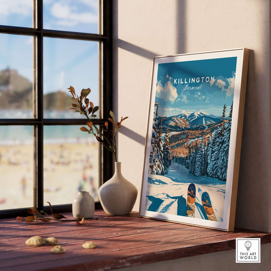 Killington Ski Poster in frame on windowsill with snowy Vermont mountain scene and skis, displaying rustic winter decor.