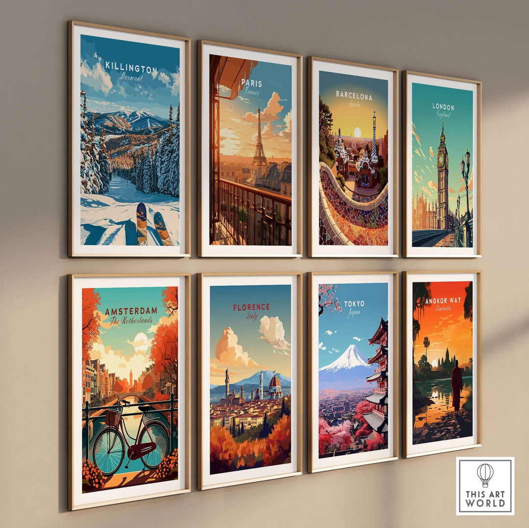 Collection of framed travel-themed posters featuring Killington, Paris, Barcelona, London, Amsterdam, Florence, Tokyo, and Angkor Wat.