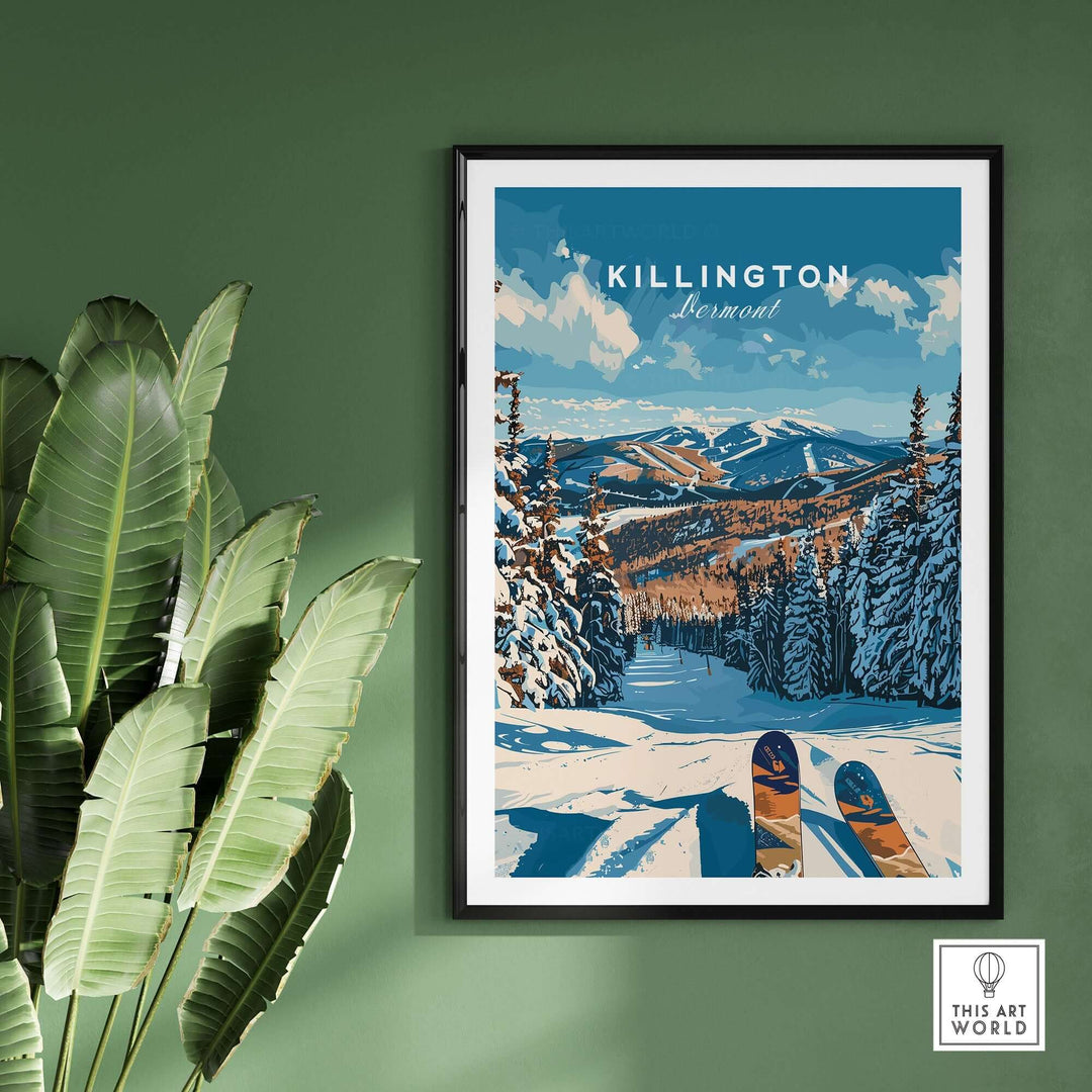 Retro-style Killington Ski Poster featuring snowy mountains and pine trees, displayed on a green wall.