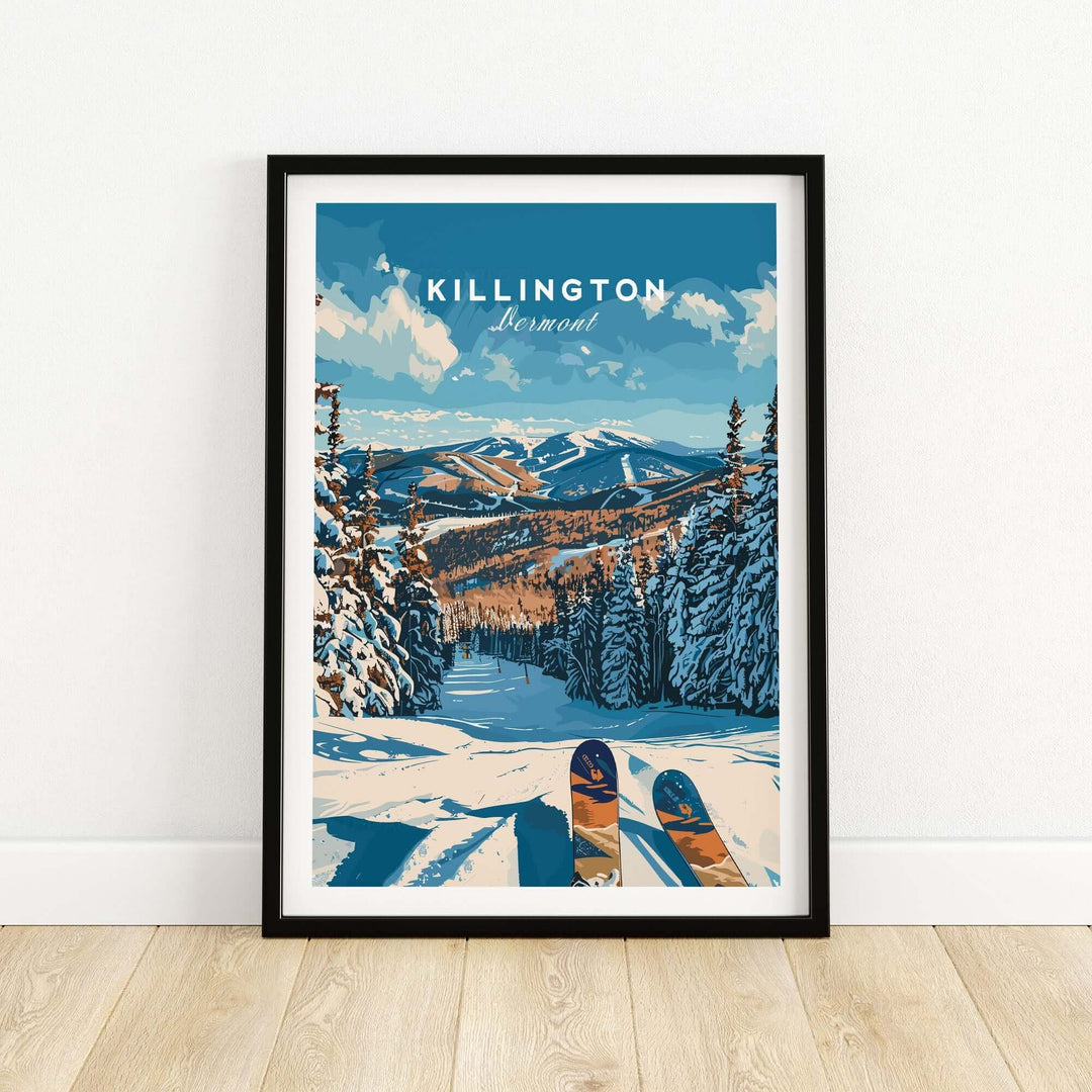 Killington Ski Poster featuring snowy Vermont mountains and skis on a sunny day, framed and displayed on a wooden floor.