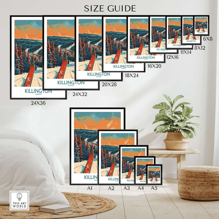 Killington Ski Print size guide showcasing various frame sizes for home or office decor featuring Vermont's ski slopes.