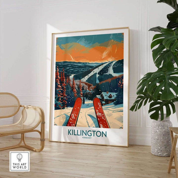 Killington Ski Print showcasing Vermont's snowy slopes and vibrant sunset, perfect for ski wall art enthusiasts.