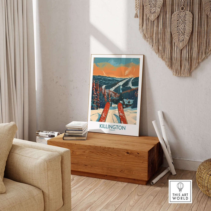 Killington ski print displayed in a cozy living room, showcasing Vermont's iconic slopes and winter scenery.