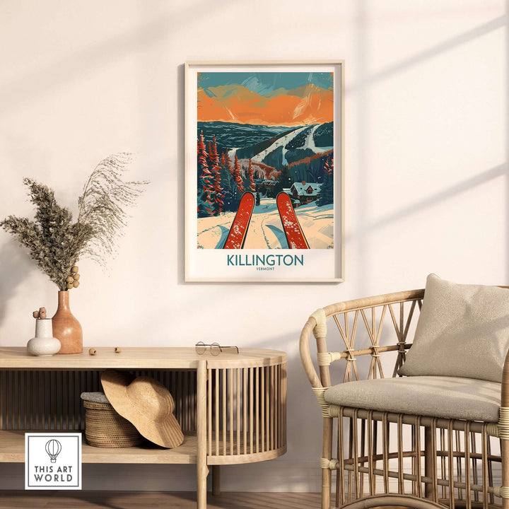 Killington Ski Print hanging in a stylish living room, showcasing Vermont's beautiful ski slopes and winter scenery.