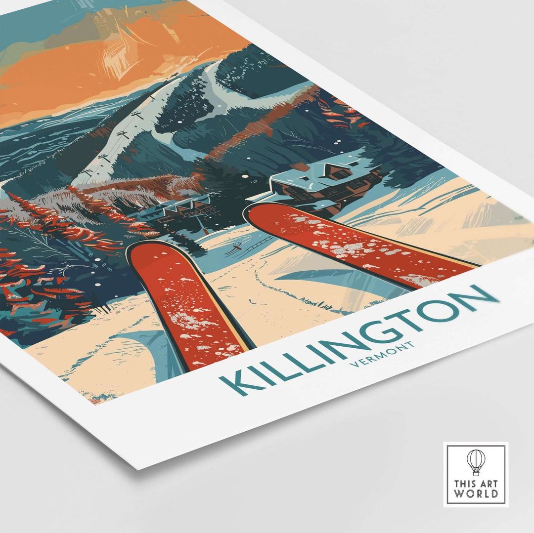 Killington ski print featuring vibrant slopes and red skis, capturing Vermont's winter adventure spirit. Perfect wall art for ski lovers.