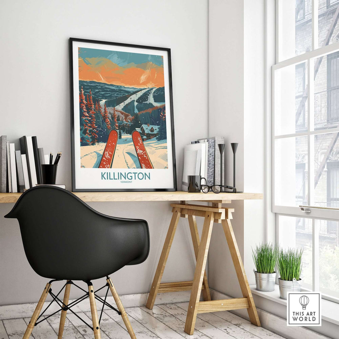 Killington Ski Print on a stylish desk in a bright room, showcasing Vermont's ski charm and adventure spirit. Perfect wall art for ski lovers.