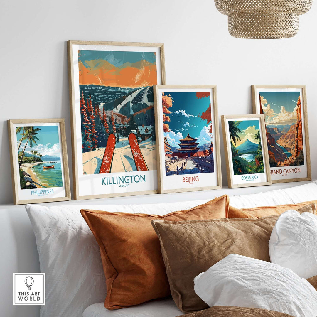 A stylish display of framed travel art prints, including Killington, Beijing, Costa Rica, and the Grand Canyon, in a cozy setting.