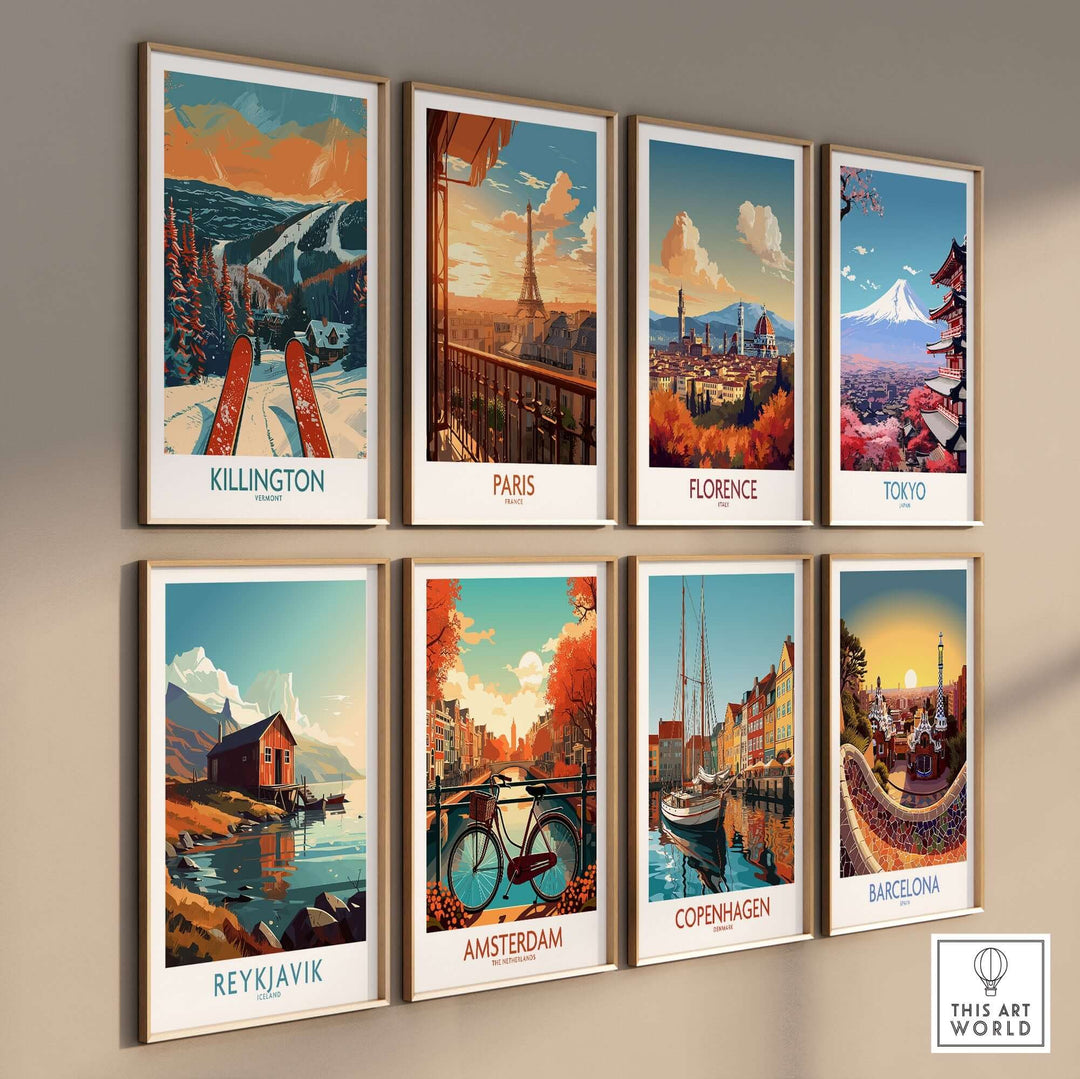 A vibrant collection of travel-themed wall art prints showcasing cities like Killington, Paris, and Tokyo in a stylish arrangement.