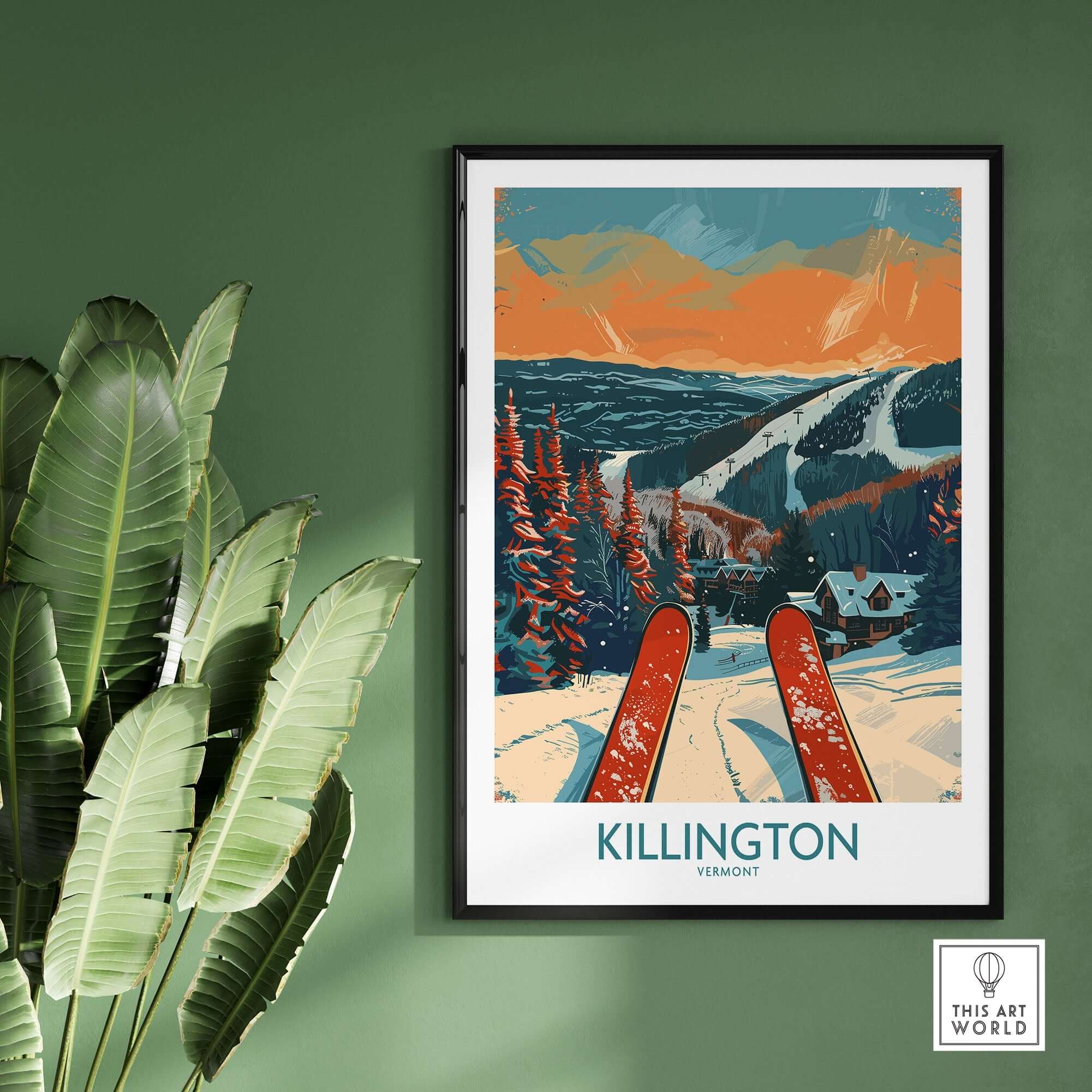 Killington Ski Print showcasing vibrant slopes and sunset, perfect for winter sports enthusiasts and home decor lovers.