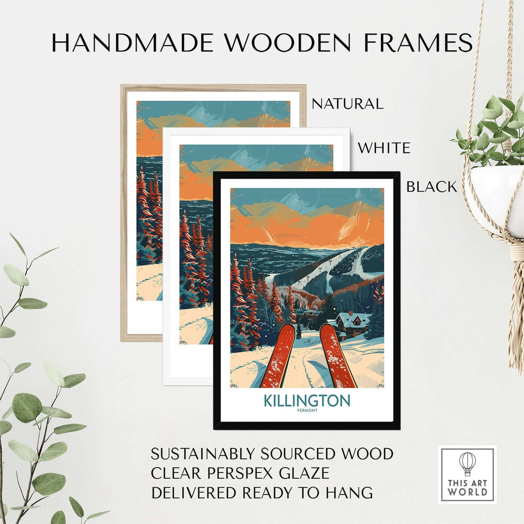 Handmade wooden frames for Killington Ski Print in natural, white, and black; sustainably sourced with clear glass.