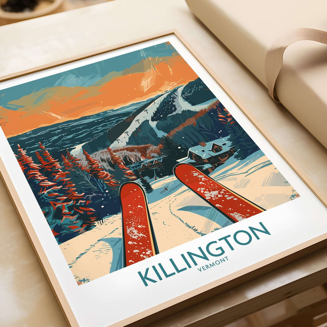 Killington Ski Print showcasing vibrant slopes and scenic Vermont backdrop, perfect for ski enthusiasts and wall art lovers.